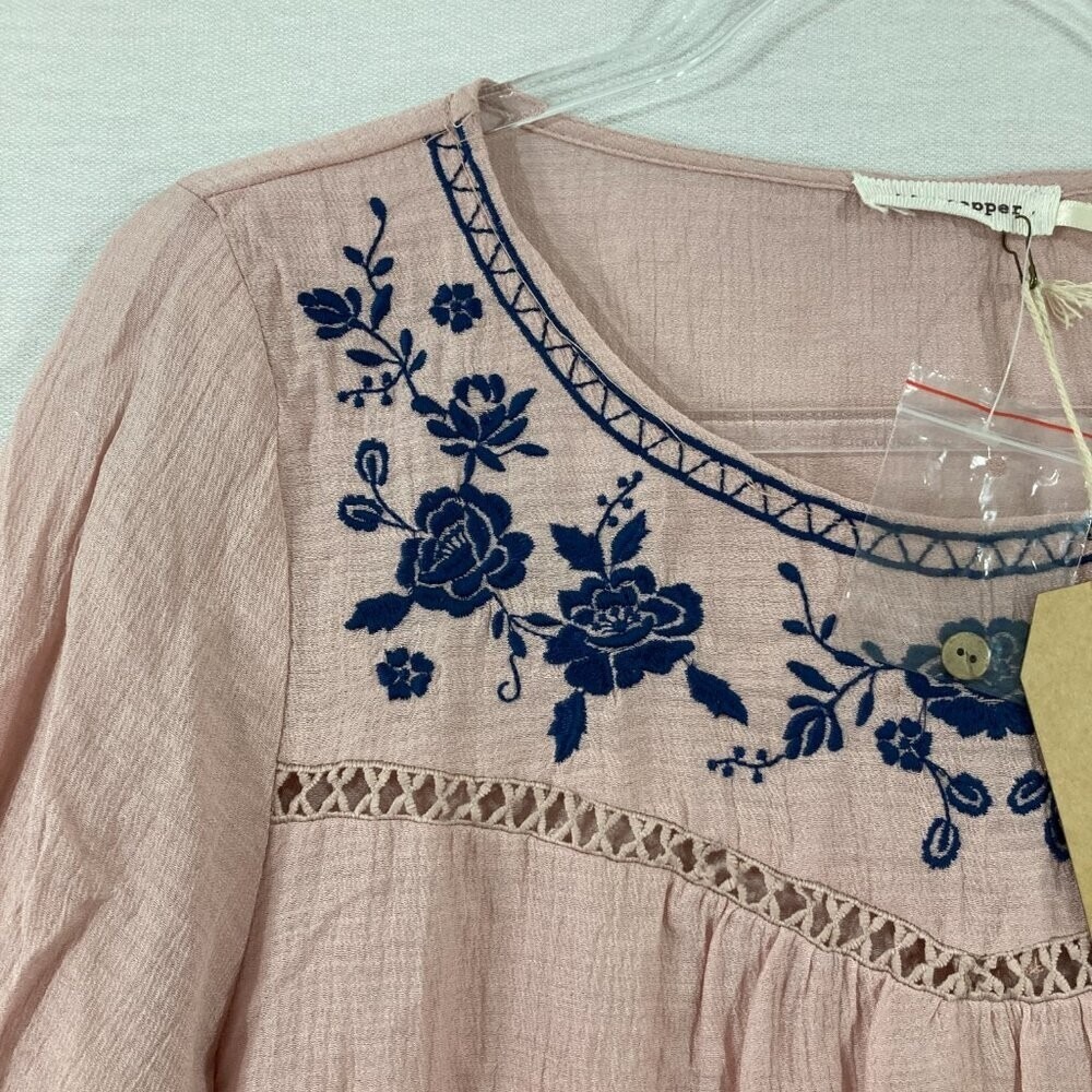 New Blu Pepper Medium Pink Blue Floral Embroidered Ruffle Blouse Cottagecore - Picture 4 of 11